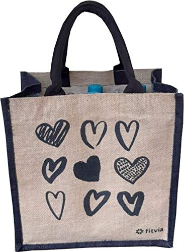 KVR natural Jute burlap wine beer carrier bottle sturdy bag with option to use as lunch bag (6 bottle bag, Heart Print) - Thumbnail 2