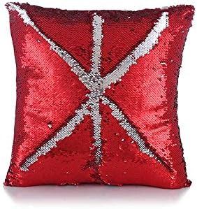 LGNL Reversible Sequin Pillow Case Decorative Square Throw Pillow Cover Cushion Case 16"x16" (Red+Silver)