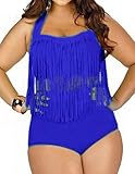 Papaya Wear Women's Retro High Waist Braided Fringe Top Bikini Swimwear Plus Size,Dark Blue ,US 2XL