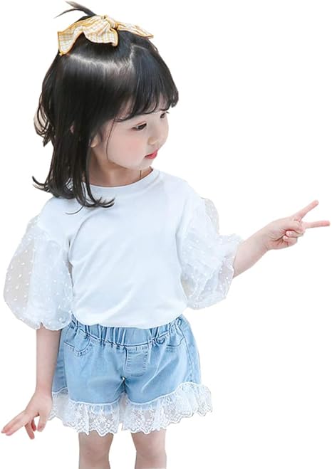 Amazon Fevon セットアップ 子供 女の子 夏 Tシャツ ショートパンツ パフスリーブ トップス チュール切り替え デニムパンツ キッズ ガールズ レース切り替え 可愛い 通園 通学 80 1 Tシャツ カットソー 通販