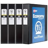 Avery 1.5" Economy View 3 Ring Binder, Round Ring, Holds 8.5" x 11" Paper, 4 Black Binders (19204)
