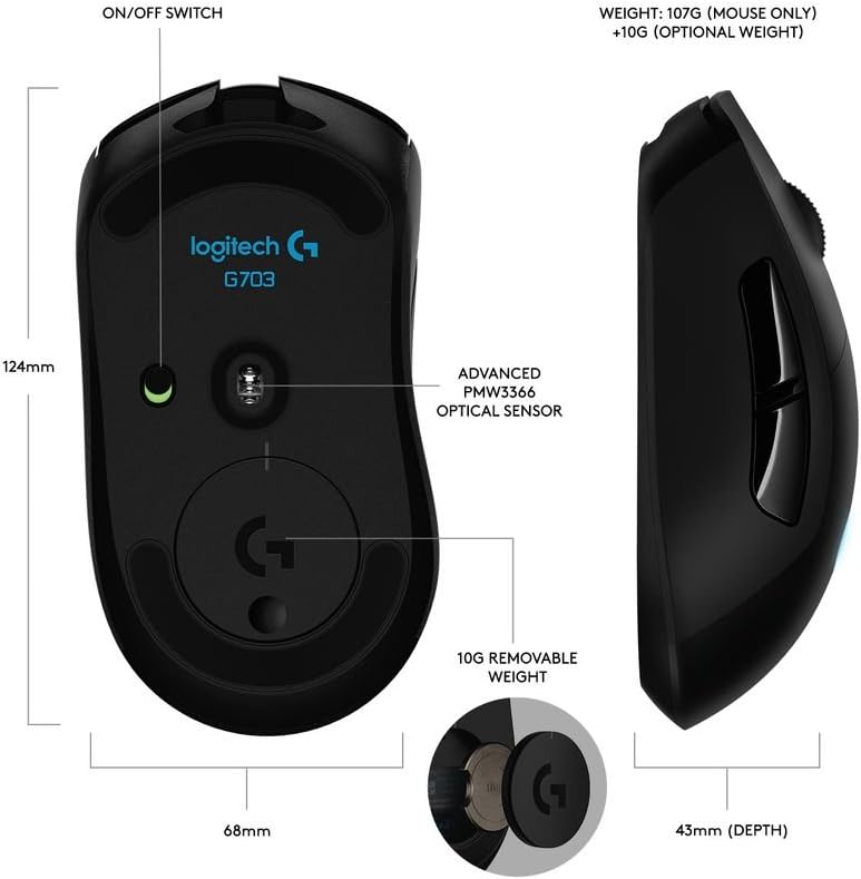 Logitech G703 LIGHTSPEED Wireless Gaming Mouse, 12000 DPI, RGB, Lightweight, 6 Programmable Buttons, On-Board Memory, Long Battery Life, PC / Mac - Black - Image 5