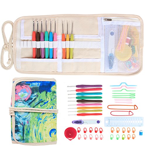 Damero Ergonomic Crochet Hooks Set, Canvas Wrap Organizer with 9pcs 2mm to 6mm Soft Grip Crochets and complete Accessories, Roll Up Knitting Needle Kit, Small Volume and Easy to Carry, Painting