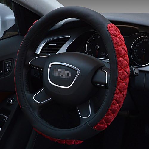 Diamond Lattice Embossed Stitching PU Leather Car Steering Wheel Covers Soft Padding Anti-slip Universal 15 Inches Excellent Grip (Black)