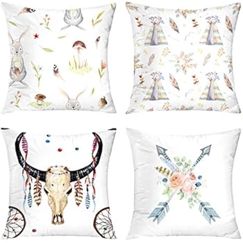 Boho Pillow case,Decorative Pillow Covers Set of 4 18X18 Cute Baby Rabbit Animal Nursery Watercolor Arrows Flowers Buffalo Skull Dreamcatcher Feather Ribbon White Throw Pillow Case Cushion f