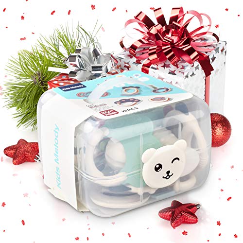 GrowthPic Baby Rattles Teether 2 in 1 Teething Toys,Infant Grasping Grab Silicone Teething Chewing Toys Spin Baby Rattles Gift Set,Shaking Bell Musical Toys for Newborns 3, 4, 5, 6, 7, 9, 12, Month