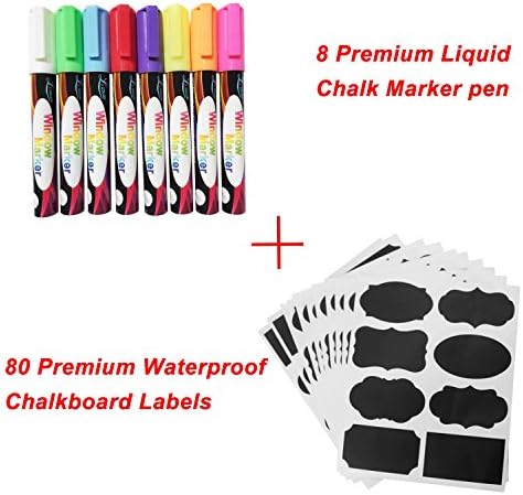 Chalk Markers + Chalkboard Labels, Child Friendly Premium Erasable Liquid Chalk Marker Pen with Reversible Tip for Chalkboards,Bistro,Windows,Glass,Labels,Whiteboards, Reusable Chalk Stickers for Jars