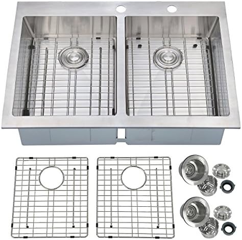 PRIMART 33 x 22 inch Handcrafted Topmount 50/50 Double Bowl 16 gauge Stainless Steel Kitchen Sink, 9 Gauge Deck With Grid