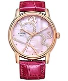 BINGER Women's Mother Pearl Dress Watch Rose Gold Tone With Sapphire Crystal Red Calfskin Leather Strap