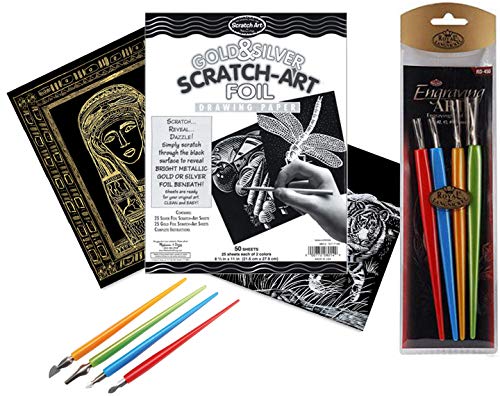 Dazzle Reveal Scratch Art Drawing Gold & Silver Foil Paper 50 Pack + Metal Scratching Tools Sketching Fun Kit Includes Stylus Classroom Activity Project Pack
