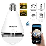 Ferbon 1080P Panoramic Bulb Rotatable WiFi Camera IP Security Surveillance System with IR Motion Detection, Night Vision, Two-Way Audio for Home, White