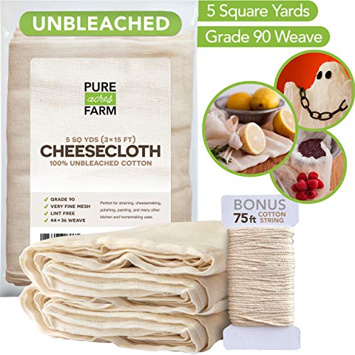 Cheesecloth - 5 Yards - Fine Weave: Grade 90-100% Unbleached Cotton - Filter - Strain - Reusable (Cotton String Included) (Best Way To Wrap Cheese)