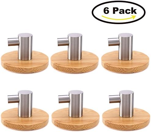 HoDrme Bamboo Wall Hooks Heavy Duty Stainless Steel 3m Adhesive Towel Hooks Robe Coat Hat Bag Key Hooks in Kitchen Bathroom Bedroom Office Toilet Living Room-6 Pack