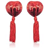 Reusable Sexy Silicone Bling Charming Adhesive Nipple Cover Pasties Bra(1pair) (Heart shaped Sequined tassels-Red)