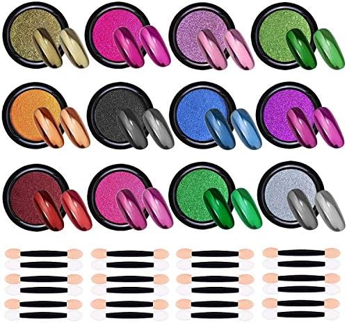 Julidy Nail Powders - 12 Jars Metallic Chrome Nail Powder Mirror Effect Nail Art Powders with 24 Pcs Eyeshadow Sticks for Mirror Effect Nails Art Decoration Premium Salon Grade Manicure Pigment