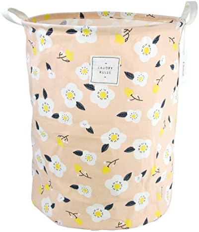 19.7" Large Sized Waterproof Coating Ramie Cotton Fabric Folding Laundry Hamper Bucket Cylindric Burlap Canvas Storage Basket with Flower Design (Orange)