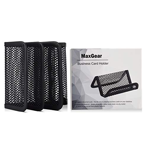 MaxGear Metal Mesh Business Card Holder for Desk Office Business Card Holders Mesh Collection Organizer for Name Card, Capacity 50 Cards, Black Mesh Business Card Display, 3 Pack
