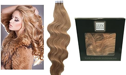 18" Color 27 Strawberry Blonde Wavy 20 20 Pcs per Package Indian Remy Human Tape In Hair Extensions by Lux Beauty Club