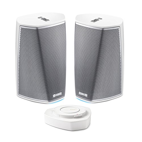 Denon HEOS 1 HS2 Compact Portable Wireless Speaker Pair with WiFi & Bluetooth, Class D Amplifiers & HEOS App with HEOS 1 Go Pack with Lithium-ion Rechargeable Battery – Outdoor heos Package in White