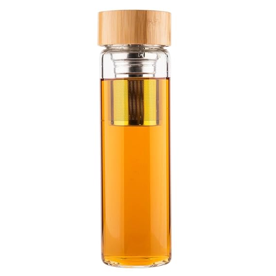 Life4u Fruit Infuser Tee Flasche Glas Teebereiter Trinkflasche mit Sieb und Bambus Deckel 500ml