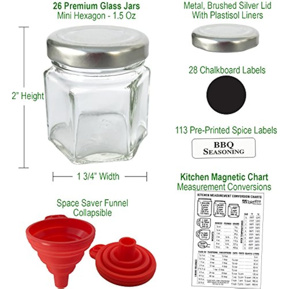 26PACK Mini Hexagon Glass Jars With Types Of Labels Chalk Round & 113