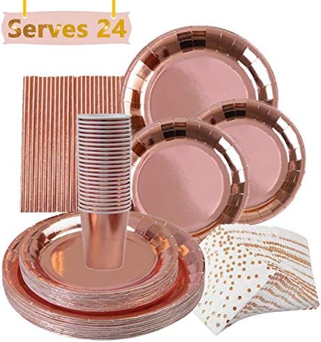 VAINECHAY120pcs Reusable Paper Tableware Set Supplies Birthday Party Tableware Plates Cups Napkins Straws for Christmas Wedding Anniversary Baby Shower Girls Women, Rose Gold 24 Guests