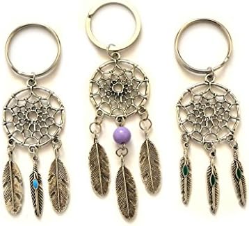 3 pcs Silver Stone Pendant Feather Dream Catcher Charm Pendant Key Chain Ring Gift