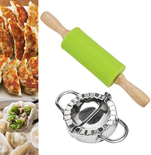 NIHAI Dessert Tools Rolling Pin Dumpling Maker Set, Stainless Steel Dumpling Mould Tool Dough Cutter Oak Round Rolling Pin for Home Kitchen Resturant