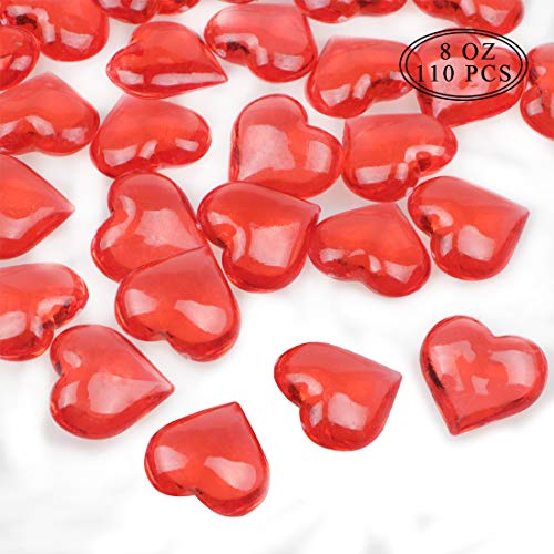 Fangoo 110 Pieces Red Acrylic Heart Flat Back Heart Gems for Valentine's Day Decorations, Vase Filler, Table Scatter Decoration, Wedding Decorations,Home Decorations(Bright Red, 8OZ)