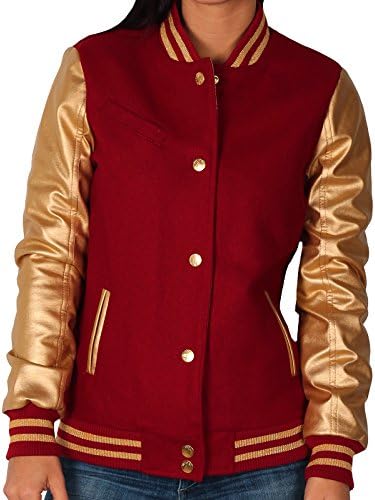 Sportier Junior Wool Blend Varsity Jacket With Faux Leather Sleeves, Red/Gold, Size Medium