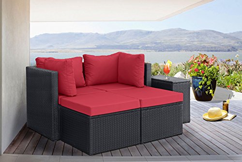Divano Roma 5 Piece Outdoor Patio Rattan Wicker Configurable Furniture Set with Cushions (Black/Red)