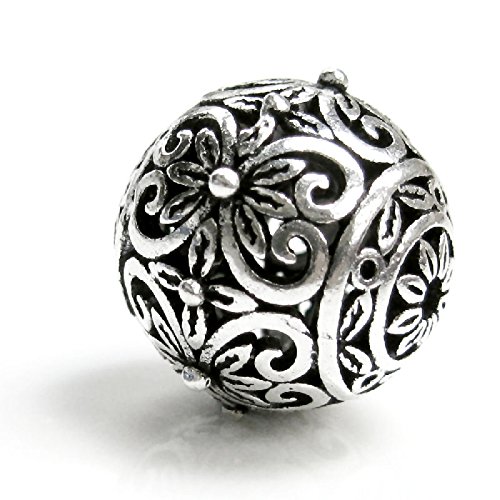 925 Sterling Silver Bali Round 12mm Flower Pattern Focal Ball Spacer Bead