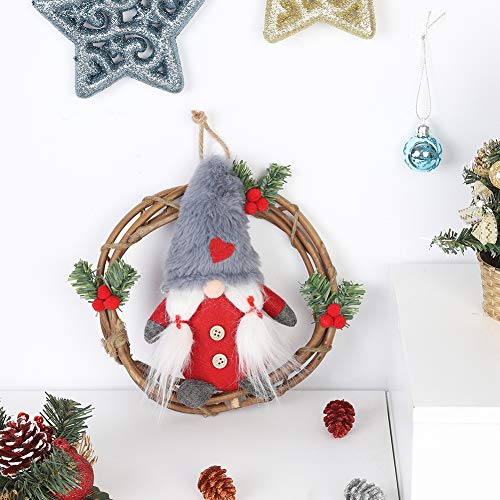 HMASYO Handmade Swedish Gnome Wreath Garland,Merry Christmas Wreath with Santa Tomte,Nordic Plush Elf Wreath,Front Door Wreaths for Home Kitchen Wall Window Hall Decor (Red) - Thumbnail 5