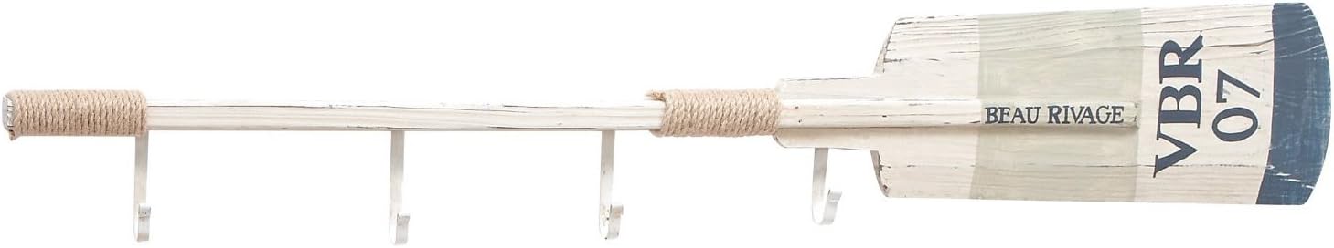 Four Hook Coat Rack, Wood Boat Oar Decorative Wall Mounted Nautical Accent Piece, 43-inch, (White Blue)