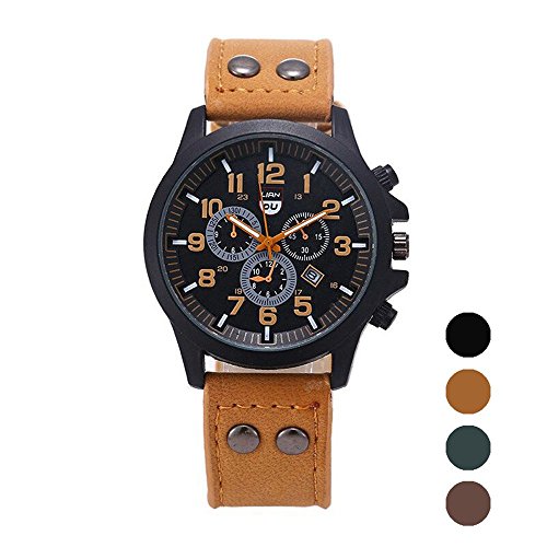 LANDFOX Men's Vintage Classic Waterproof Date Leather Strap Sport Quartz Army Watch Brown