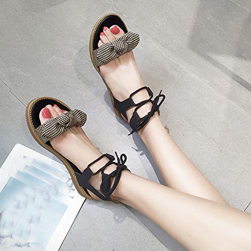 SMALLE ◕‿◕ Women's Elastic Flat Sandals, Women's Ladies Summer Ankle Strap Bowknot Beach Sandals Espadrilles Shoes Black