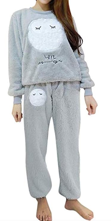 Damen Schlafanzug Eule Uhu Set Flanell Pyjama zweiteilig Langarm Nachtwäsche Winter