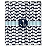 Anzona Custom Navy Blue and White Chevron with Nautical Anchor Pattern Bathroom Shower Curtain 60x 72IN For Bathroom