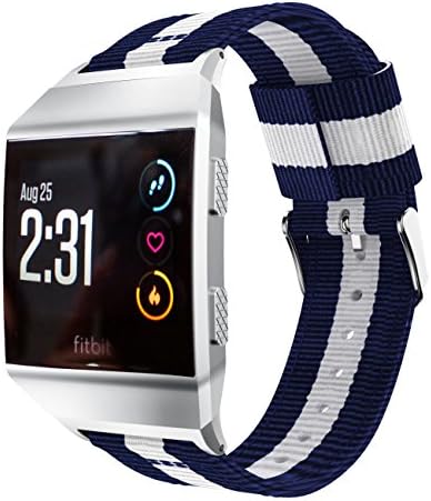 CMBro Nylon Adjustable Watch Band Watchband Strap For Fitbit Ionic (Blue &amp; White)