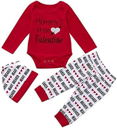 Wakeu Baby Boy Girl Clothes Set Mommy's Little Valentine Romper Pants Hat (6-12 Months, Red)
