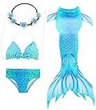 GALLDEALS 3pcs Swimmable Mermaid Tail for Kids Girls Princess Bikini Set Swimsuit Swimwear (No Monofin) (140cm(9-10Y), Turquoise Blue)