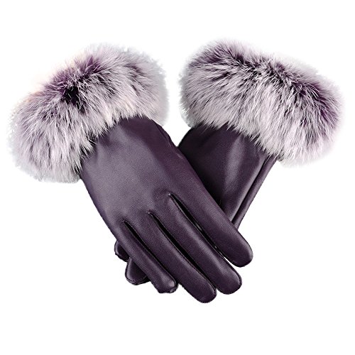 image for YiYLunneo Women Leather Gloves Warm Lady Dressy Gloves Rabbit Fur Mitt