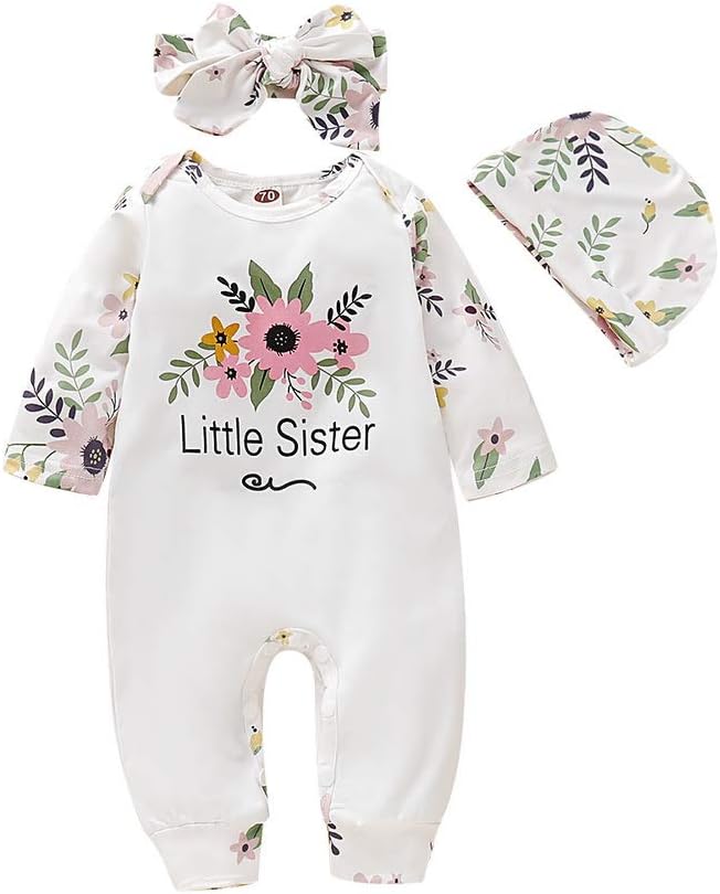 Newborn Baby Girl Litter Sister Bodysuit Long Sleeve Floral Rompers One-Piece Jumpsuits + Bow Headband + Hat