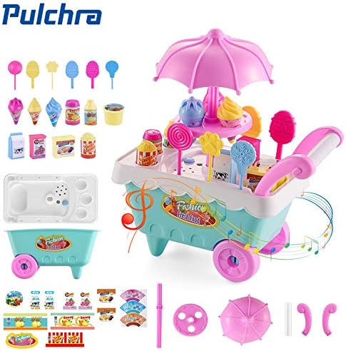 Pulchra Mini Ice Cream Car Candy Cart Fits Youngster With 16 Desserts Electric Creative Game With Music & Light Pretend Play Kit Supermarket Cart Simulation Model For Preschool Education Best Gift