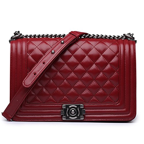 Ainifeel Women's Quilted Leather Handbags with Chain Strap Shoulder Handbags (Large, Claret)