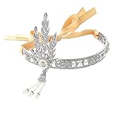 BABEYOND Bling Silver-Tone The Great Gatsby Inspired Leaf Simulated Pearl Wedding Tiara Headpiece