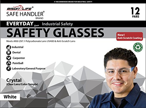 SAFE HANDLER Protective Safety Glasses, Clear Polycarbonate Impact and Ballistic Resistant Lens - White Temple (Box of 12)