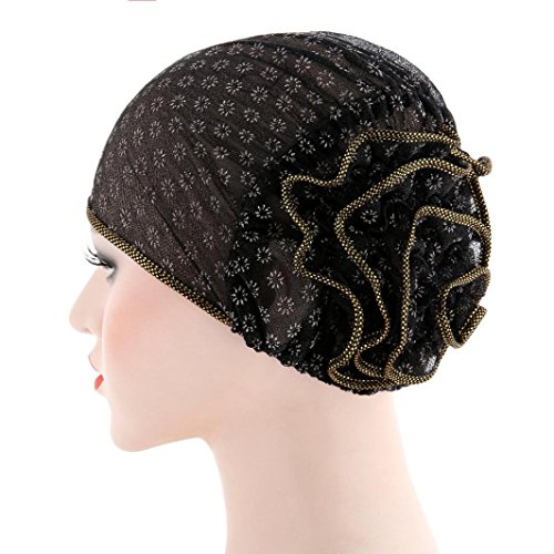 Leedford Women Head Wrap,Womens Flower Muslim Ruffle Chemo Hat Beanie Turban Headwear for Cancer Patients (Free Size, Black) - Thumbnail 2
