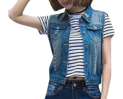 Generic Women's Fashion Sleeveless Ripped Holes Denim Vests Denim blue M