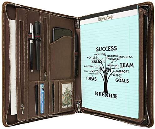 Crazy Horse Leather Padfolio Vintage Business Portfolio Multi-Function Case Folder Document Organizer with Broadside Zipper for iPad Pro 10.5 inch